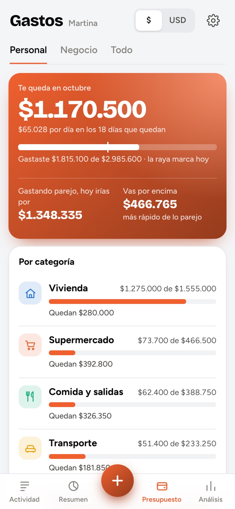 Presupuesto del mes con lo que queda por categoría